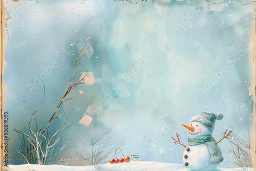 Illustration enfantine aquarelle bonhomme de neige avec écharpe et bonnet, décor hivernal avec baies rouges sur fond bleu glacé, ambiance douce et festive de fin d'année Noël, nouvel an