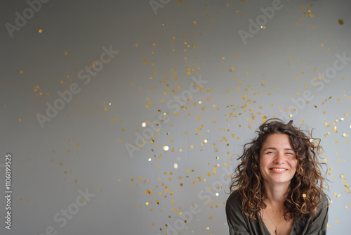 Portrait d’une jeune femme rigolant aux cheveux bouclés sur fond gris avec confettis dorés, ambiance joyeuse et festive avec espace négatif copyspace. Noël anniversaire, nouvel an photo