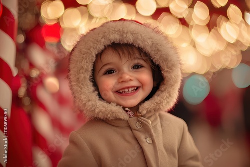 A young child in a beige coat with a fluffy hood smiles joyfully amidst a festive setting