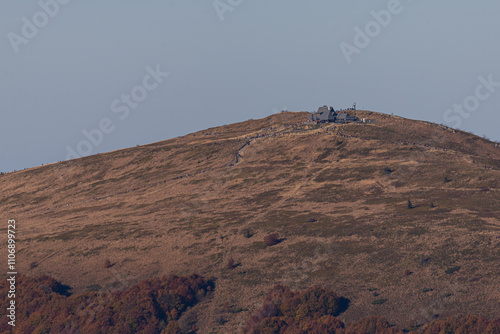 Photo of Polonyna Wetlinska (pol. Połonina Wetlińska) and Chatka Puchatka shelter. View from Wielka Rawka peak, Bieszczady Mountains, Poland photo
