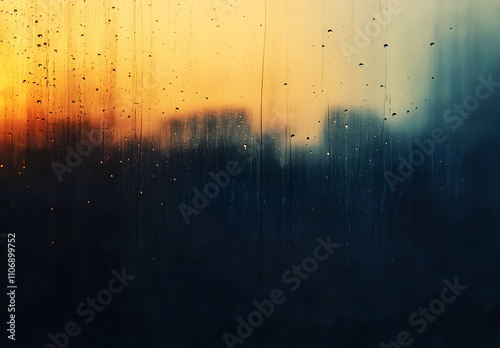 Abstract background with raindrops on window glass, blurred cityscape in the distance.