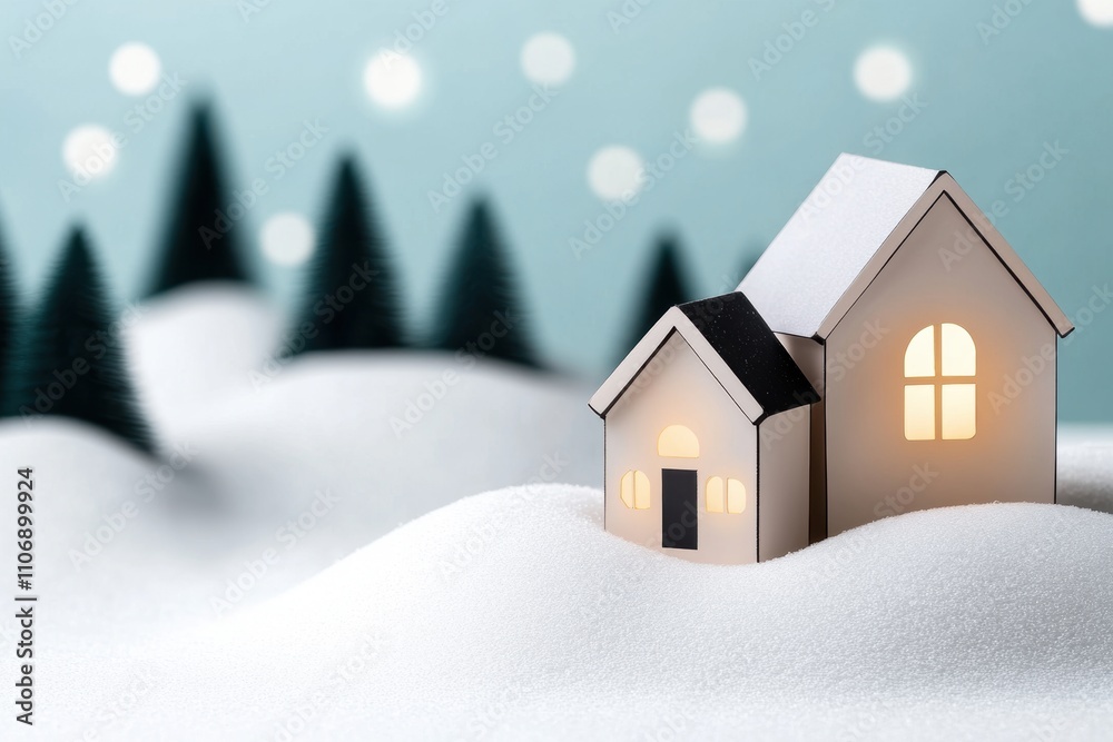 Naklejka premium christmas doodle village, simple sketch of a charming christmas village with small glowing houses nestled in snowy hills, suitable for notes