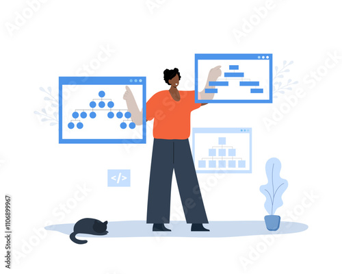 Sitemap Creation concept. Website SEO management. African Female Developer organizes site structure. Search optimization. Flowchart UI UX. Vector illustration in flat cartoon style.