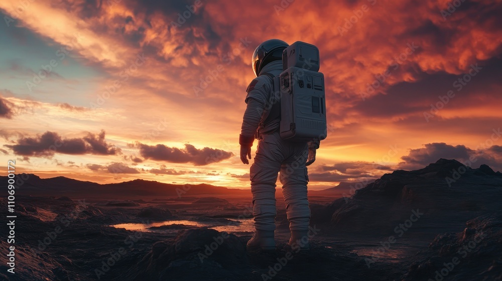 An astronaut stands on a rugged alien terrain, gazing at a fiery, vibrant sunset sky that lights up the horizon with brilliant colors. The scene captures the awe of space exploration. An astronaut stands on a rugged alien terrain, gazing at a fiery, vibrant sunset sky that lights up the horizon with brilliant colors. The scene captures the awe of space exploration.
