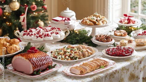 A festive dining table with gourmet holiday dishes, including glazed ham, seasonal sides, and a variety of desserts 