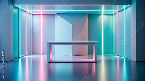 Modern minimalist display with vibrant neon lighting and sleek platform