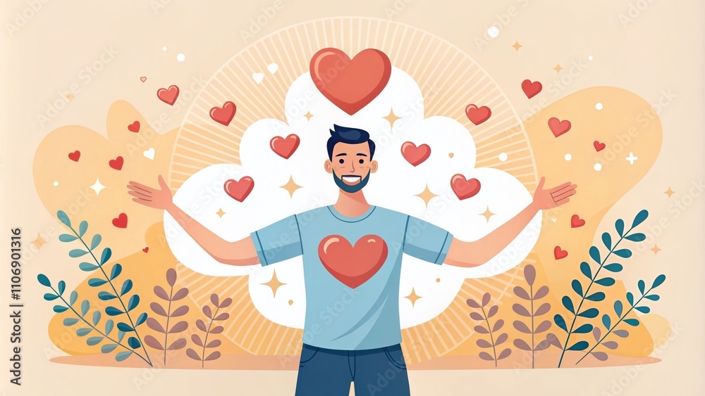 Embracing Self-Love: Male Open Hands Sending Hearts, Symbolizing Self-Care and Body Positivity in a Hand-Drawn Style Illustration for Personal Growth and Wellness Embracing Self-Love: Male Open Hands Sending Hearts, Symbolizing Self-Care and Body Positivity in a Hand-Drawn Style Illustration for Personal Growth and Wellness