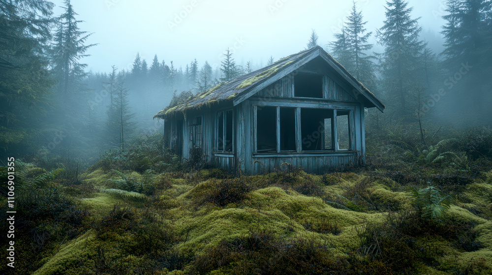Photos of abandoned,ghostly buildings standing in the woods. AI generative. Photos of abandoned,ghostly buildings standing in the woods. AI generative.