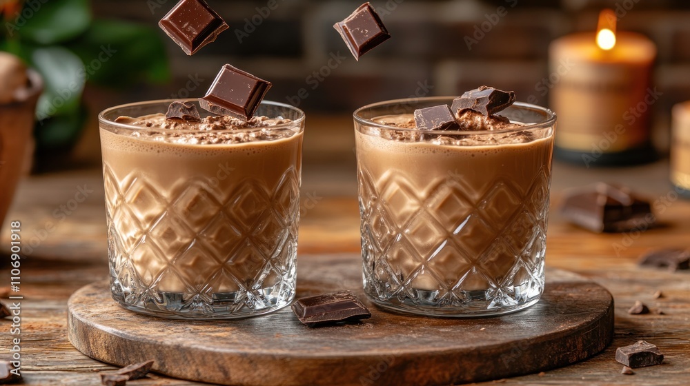 Two glasses of rich, chocolate milkshake with falling chocolate pieces, on a wooden plate, surrounded by chocolate and candles. Two glasses of rich, chocolate milkshake with falling chocolate pieces, on a wooden plate, surrounded by chocolate and candles.