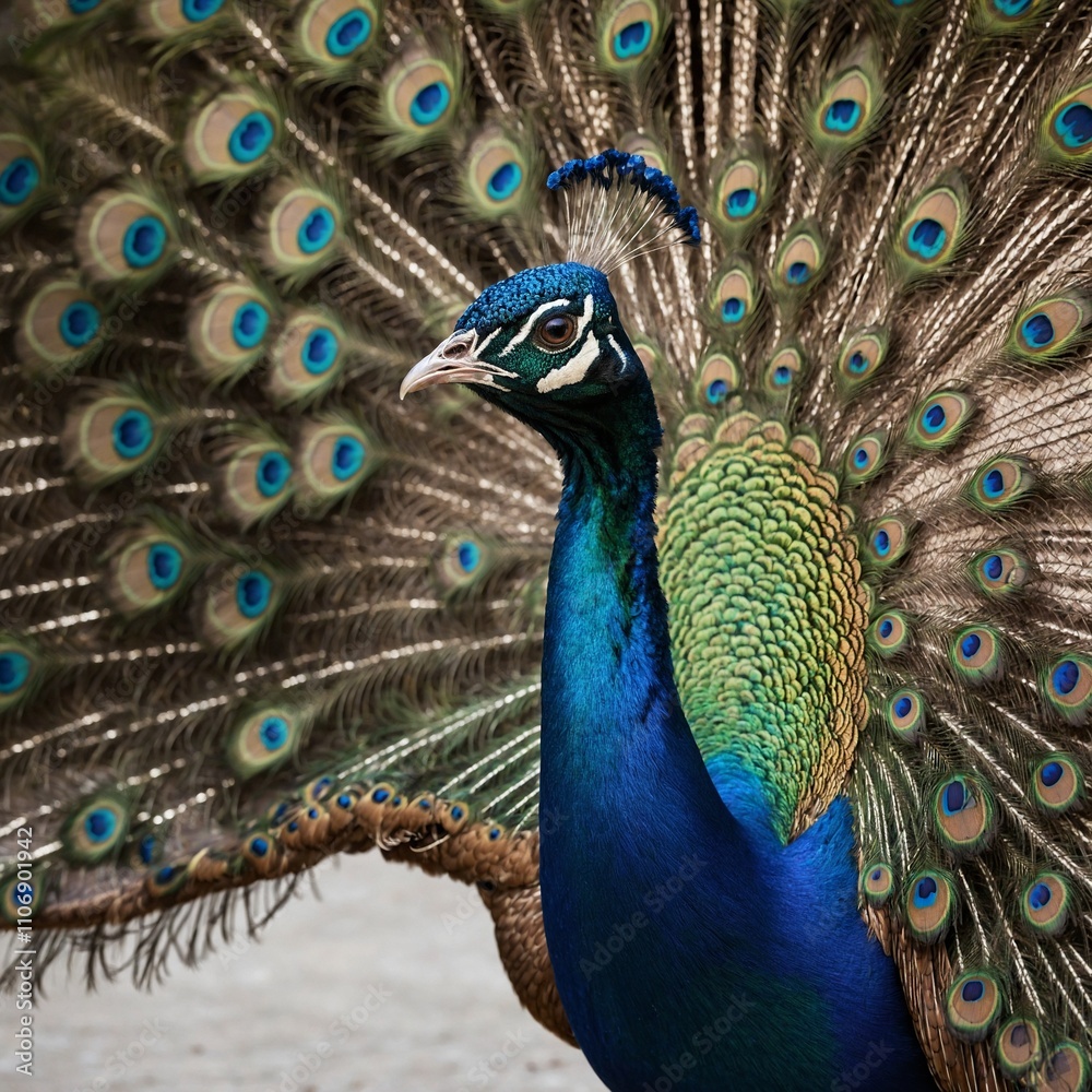 Fototapeta premium A regal peacock with its tail feathers spread in full glory, set against white.