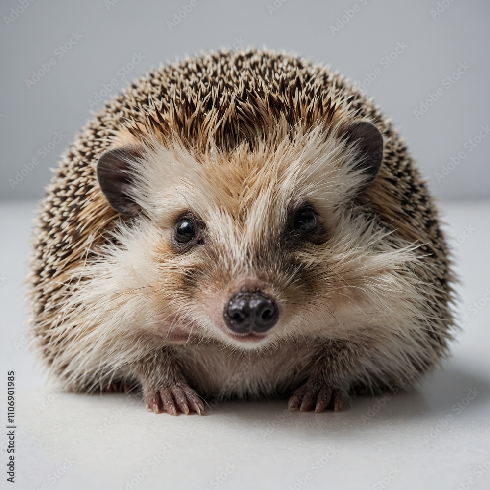 Fototapeta premium An adorable hedgehog curled into a ball on a clean white surface.