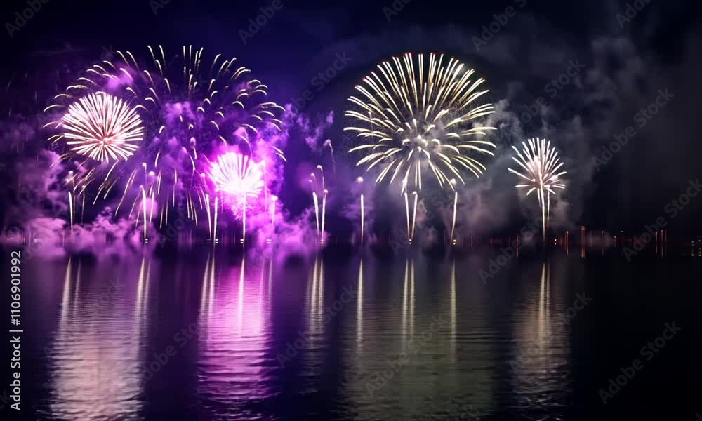 Spectacular Fireworks Display Over a Calm Lake at Night Spectacular Fireworks Display Over a Calm Lake at Night