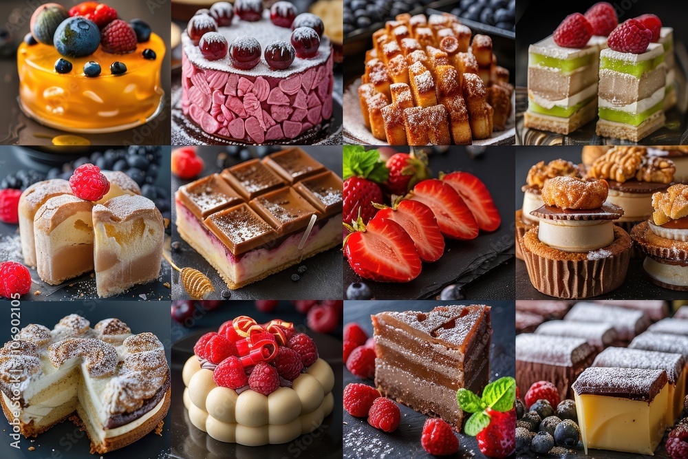 A vibrant display of assorted cakes and desserts topped with fruit, showcasing a variety of colors and textures, perfect for any celebration.