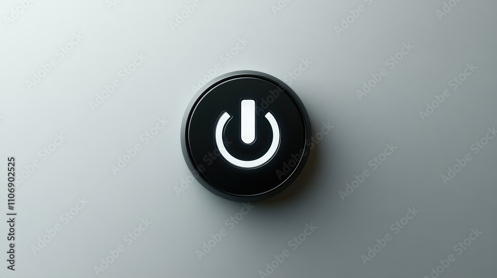 Close-up of a simple black power button on a white background, symbolizing modern technology and energy control in flat style design Close-up of a simple black power button on a white background, symbolizing modern technology and energy control in flat style design