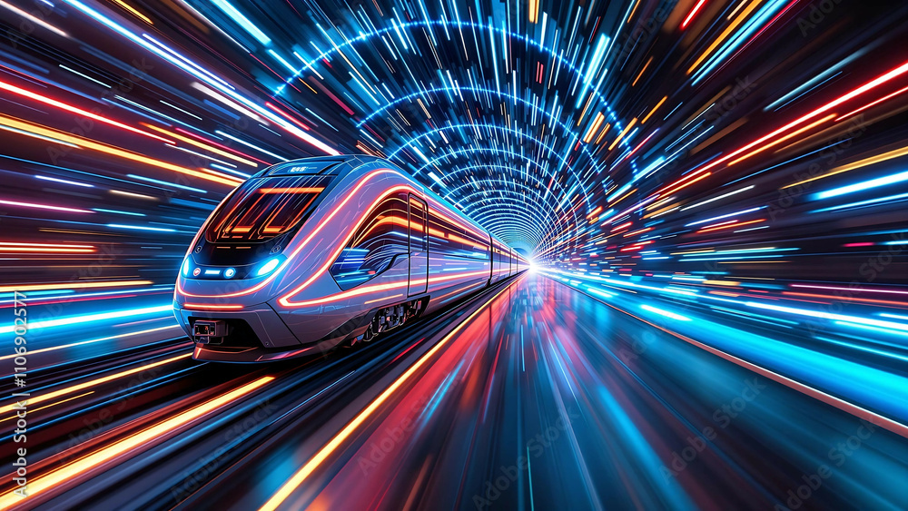 High-Speed Train Speeding Through Neon Tunnel High-Speed Train Speeding Through Neon Tunnel