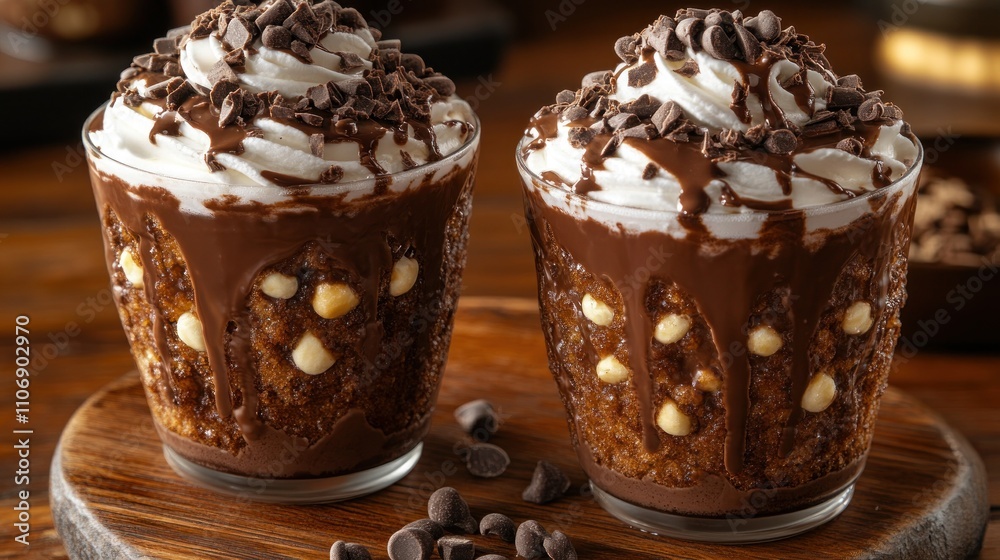 Two glasses of decadent chocolate dessert drinks topped with whipped cream and chocolate chips. Two glasses of decadent chocolate dessert drinks topped with whipped cream and chocolate chips.