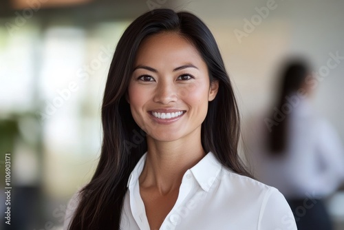 Confident professional woman white button-up shirt long dark hair warm genuine smile