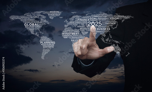 Fototapeta Naklejka Na Ścianę i Meble -  Businessman pressing 2025 start up icon with global business words world map over sunset sky, Happy new year 2025 global business start up concept, Elements of this image furnished by NASA