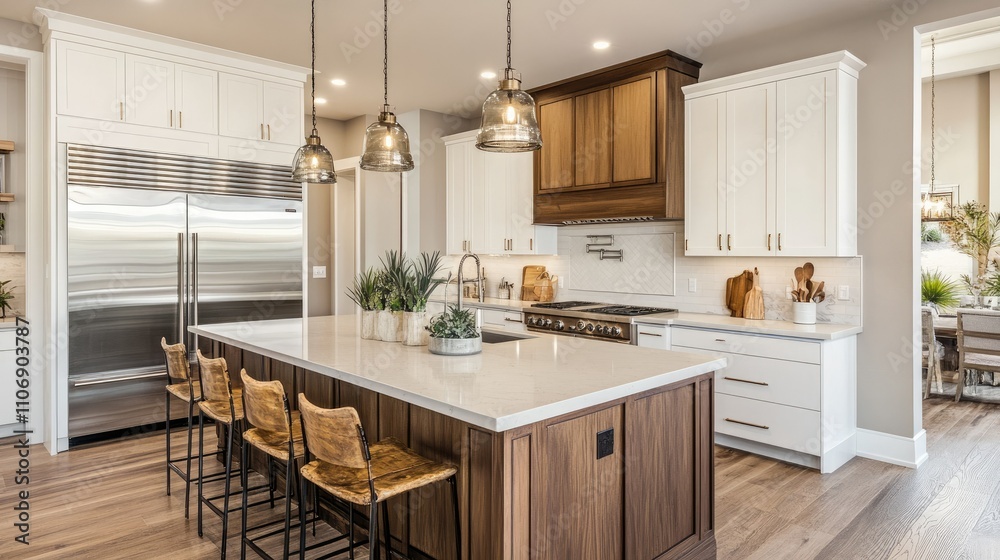 Elegant modern kitchen with a luxurious design, featuring stainless steel appliances, polished countertops, and ambient lighting Elegant modern kitchen with a luxurious design, featuring stainless steel appliances, polished countertops, and ambient lighting