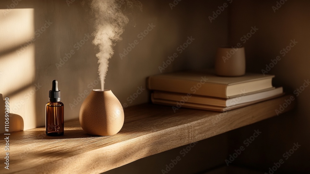 wooden diffuser releasing steam with books on rustic shelf