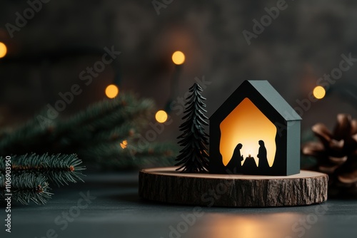 christmas nativity display, enchanting holiday nativity scene displayed on a wooden shelf with charming figures illuminated by candlelight photo