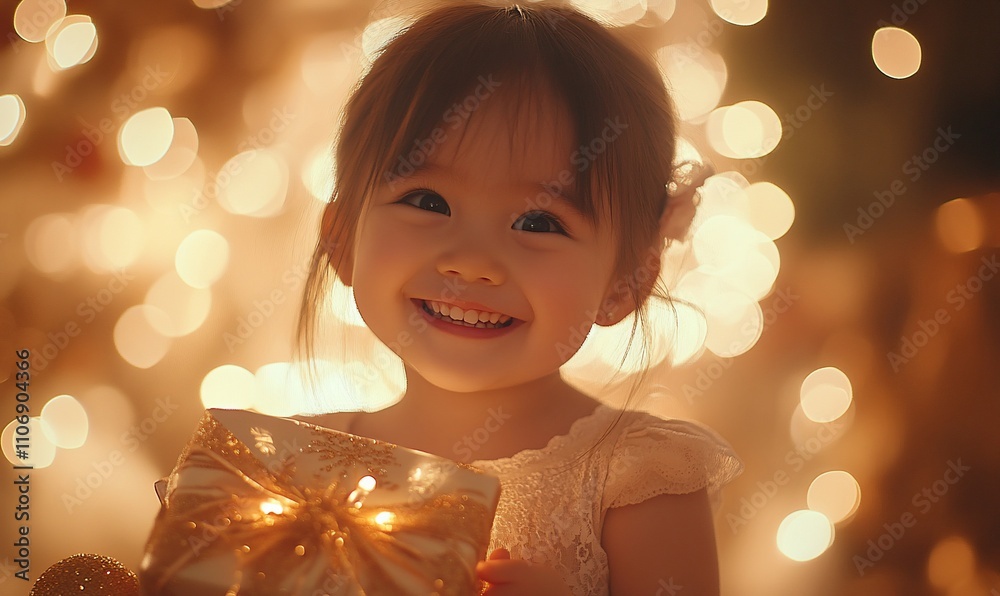 A joyful child holding a gift, surrounded by warm, glowing lights.