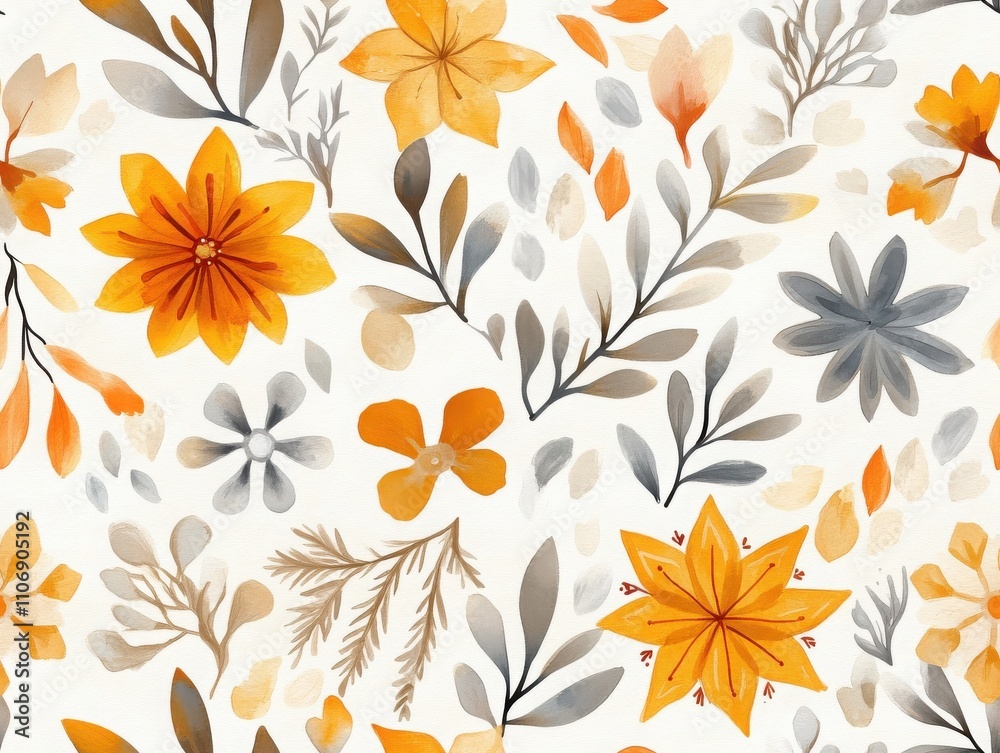 Boho and minimalist styles in a Christmas seamless pattern. Floral pattern with orange flowers and leafy designs on light background. Boho and minimalist styles in a Christmas seamless pattern. Floral pattern with orange flowers and leafy designs on light background.