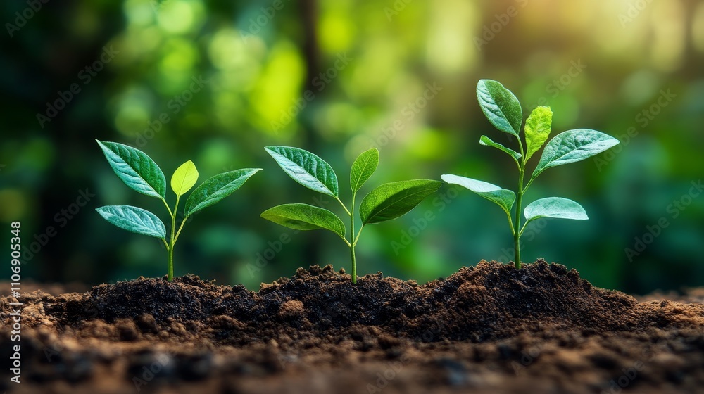 Fototapeta premium Three Saplings Growing in Rich Soil Against a Lush Green Background