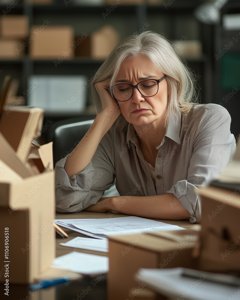 Elderly woman with glasses appearing overwhelmed while working on paperwork, surrounded by boxes in a cluttered home office.
Elderly woman with glasses appearing overwhelmed while working on paperwork, surrounded by boxes in a cluttered home office.