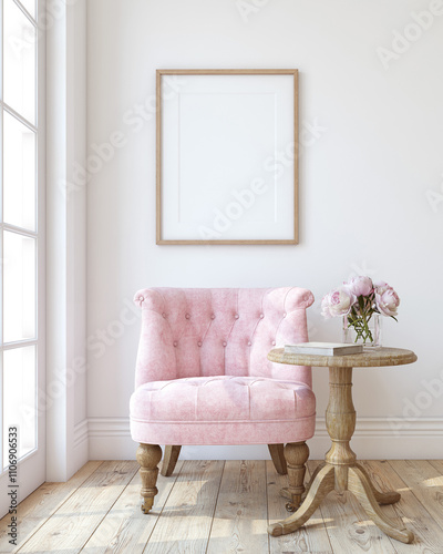 Modern living-room interior. Poster mockup. 3d render.