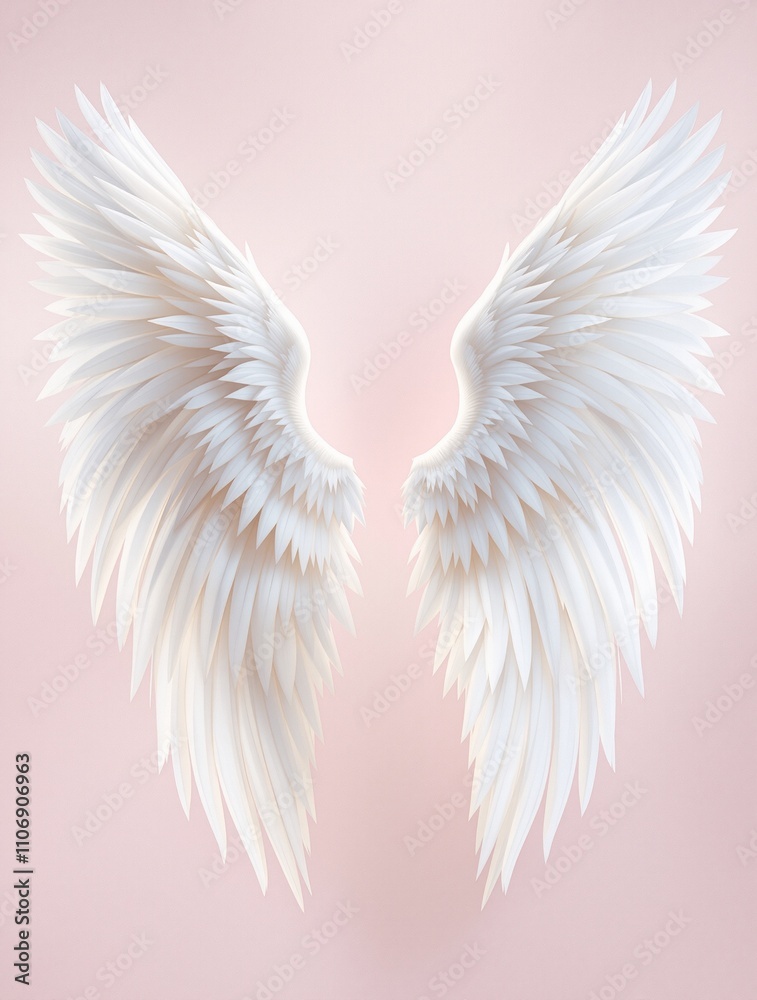 Obraz premium Elegant White Feathered Angel Wings on Soft Pink Background