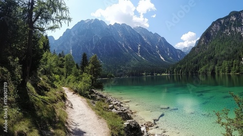 Scenic mountain view of Plansee in the Alps, with clear turquoise waters and lush greenery, showcasing the natural beauty of the region