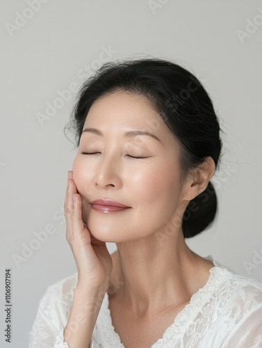 Portrait of gorgeous happy middle aged mature cheerful asian woman, senior older 50s lady pampering her face eyes closed isolated on white. Ads of lifting anti wrinkle skin care, spa. Copy space. photo