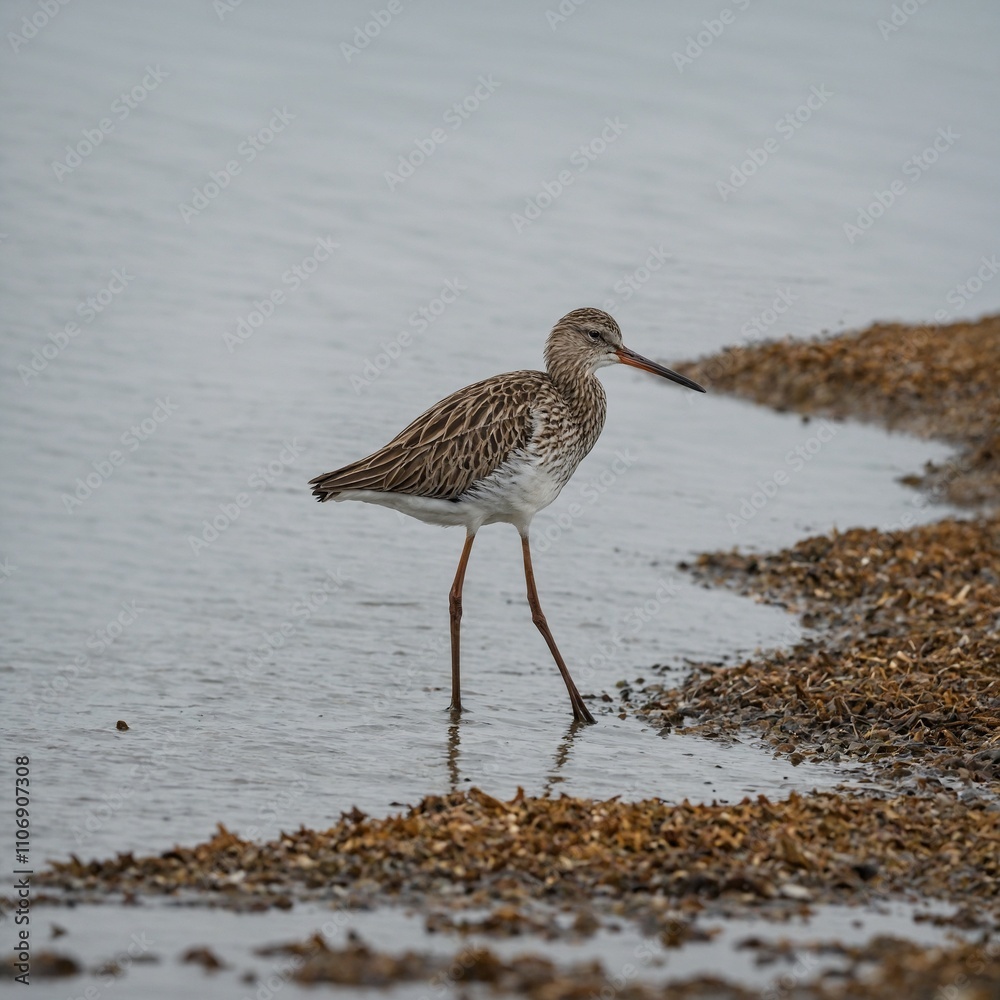 A long-legged wader standing on the shore of a shallow, sunlit bay with a white sky backdrop. A long-legged wader standing on the shore of a shallow, sunlit bay with a white sky backdrop.
