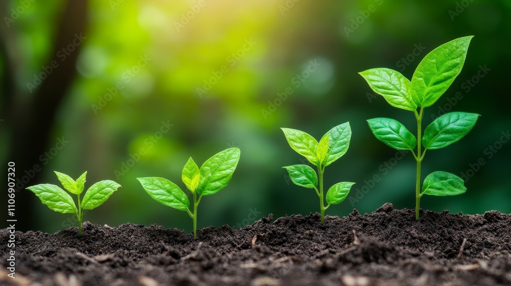 Naklejka premium Four Young Saplings Growing in Soil with a Blurred Green Background