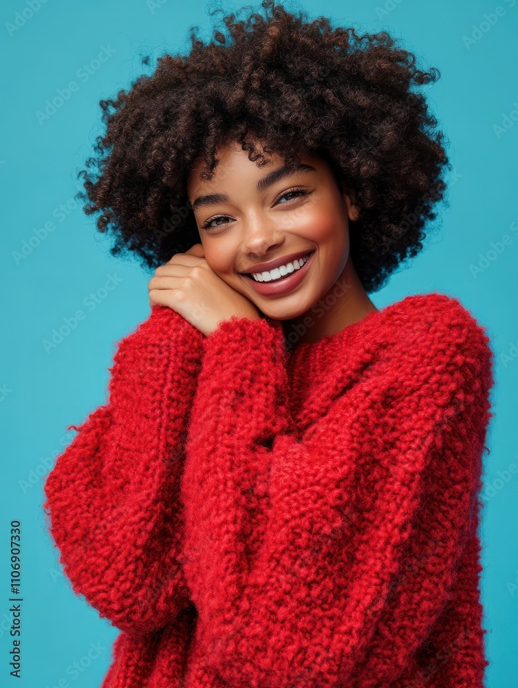 Portrait of happy nice looking Afro woman hugs herself, expresses natural positive emotions, loves herself, likes new soft red sweater, tilts head, isolated over blue background, has high self esteem Portrait of happy nice looking Afro woman hugs herself, expresses natural positive emotions, loves herself, likes new soft red sweater, tilts head, isolated over blue background, has high self esteem