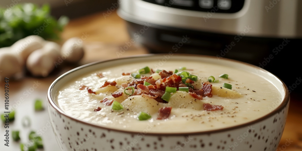 a creamy potato soup served in a large bowl. AI generative.