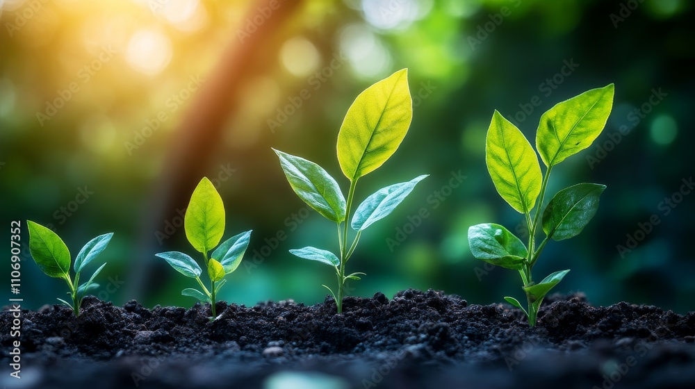 Three Young Saplings Growing in Sunlight with Blurred Background Three Young Saplings Growing in Sunlight with Blurred Background