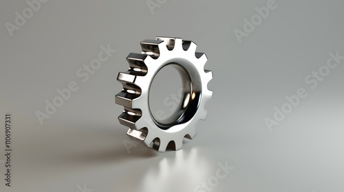 A high-definition 3D image of a metallic gear with precise teeth, floating on a neutral grey background. photo