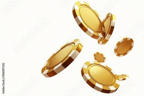 Golden Casino Chips Falling Against White Background