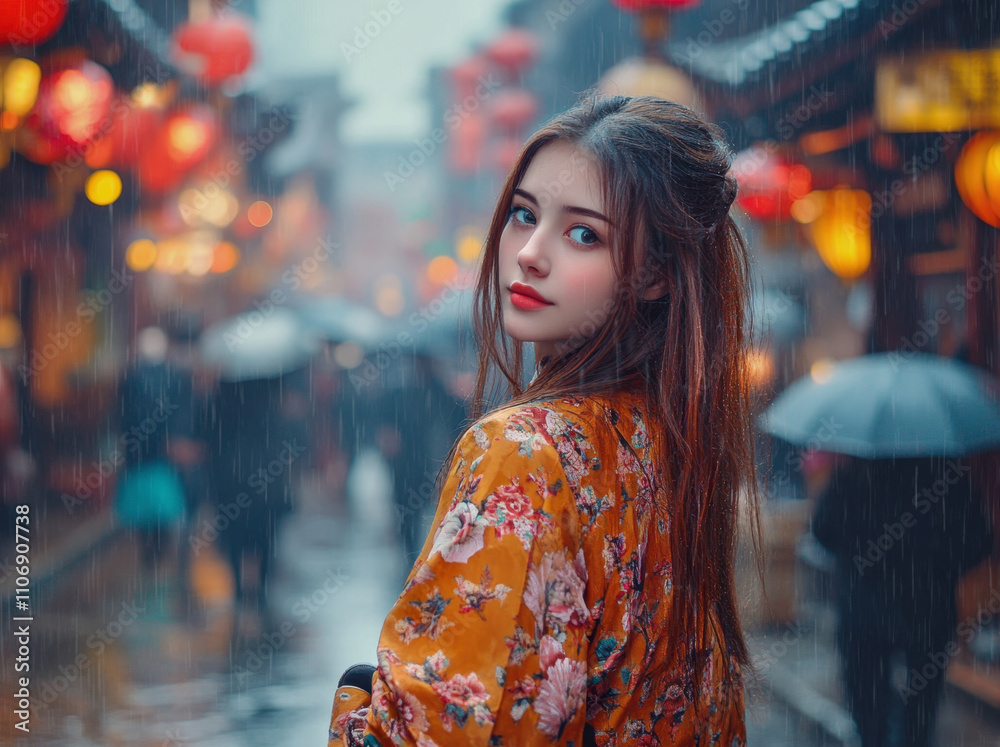 A girl with long hair in an amber floral jacket rainy street market portrait photography urban environment captured moment serenity A girl with long hair in an amber floral jacket rainy street market portrait photography urban environment captured moment serenity