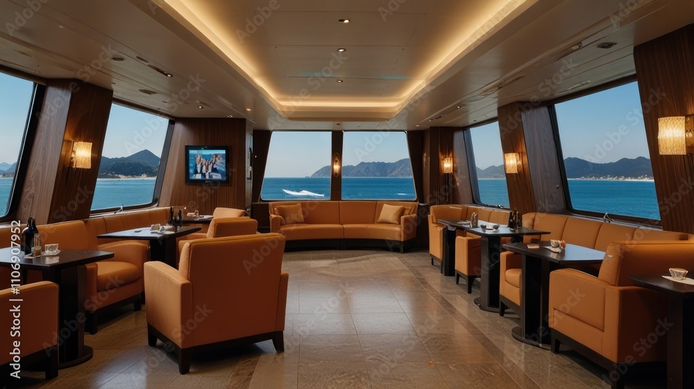 Fototapeta premium Luxurious yacht lounge with panoramic ocean views, comfortable seating, and modern design.