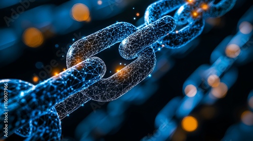 Blockchain Technology: Abstract digital chain link concept. Glowing blue chain links on dark background, representing security, data, connection, and network.Generative ai illustration. 