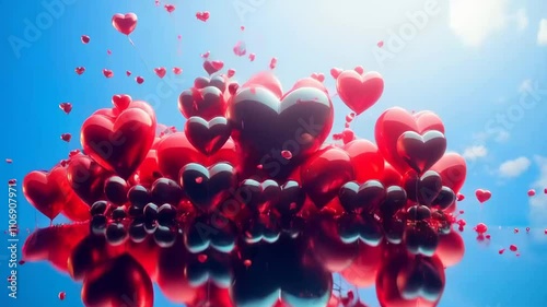 Many red hearts are floating in the air, creating a sense of love and affection, valentine day