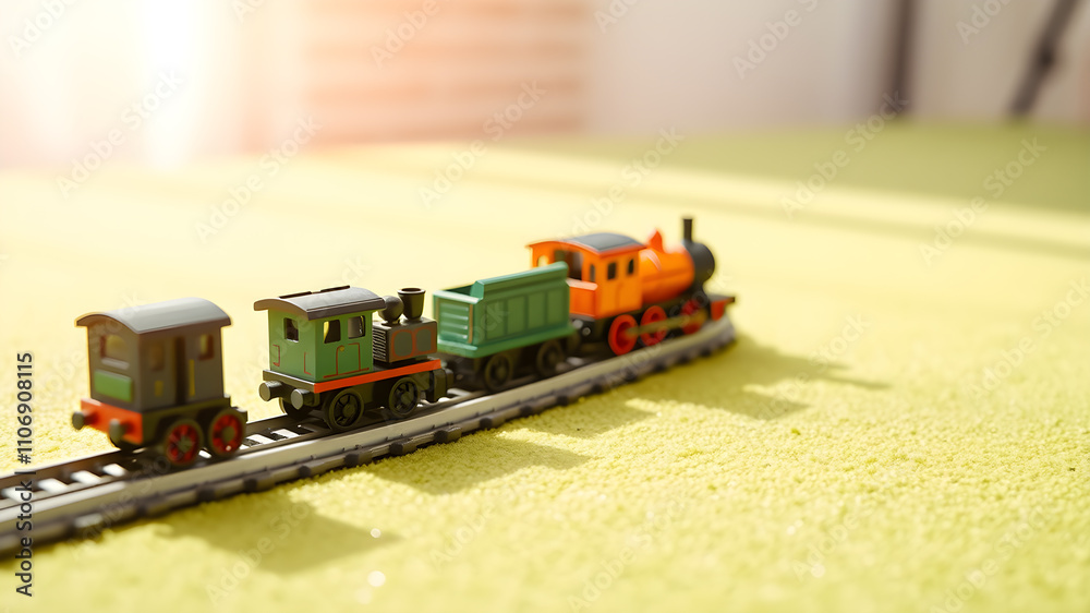 Cute miniature train toy set for kids on a soft green surface, bright daylight effect, empty area for text on the side. Generative AI