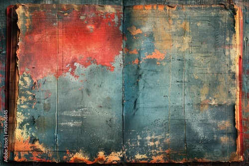 An open, weathered book with textured pages, featuring a blend of red and blue colors, evoking an artistic and vintage aesthetic. photo