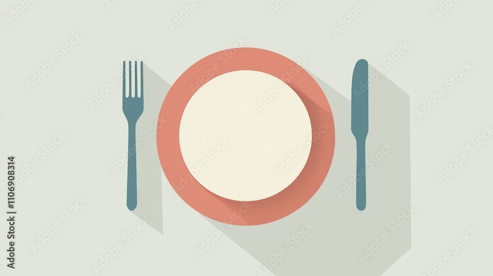 A simple and clean icon representing a dinner plate, fork, and knife, with minimalistic design in soft colors A simple and clean icon representing a dinner plate, fork, and knife, with minimalistic design in soft colors