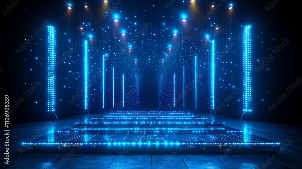 Fototapeta premium Futuristic blue stage with glowing lights and digital elements.