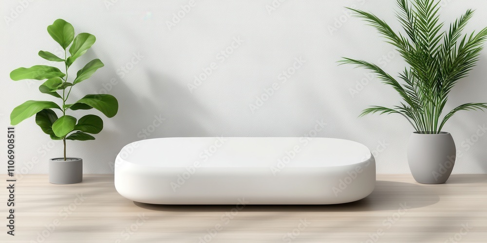 Minimalist interior design with white sofa and green potted plants in modern living room Minimalist interior design with white sofa and green potted plants in modern living room