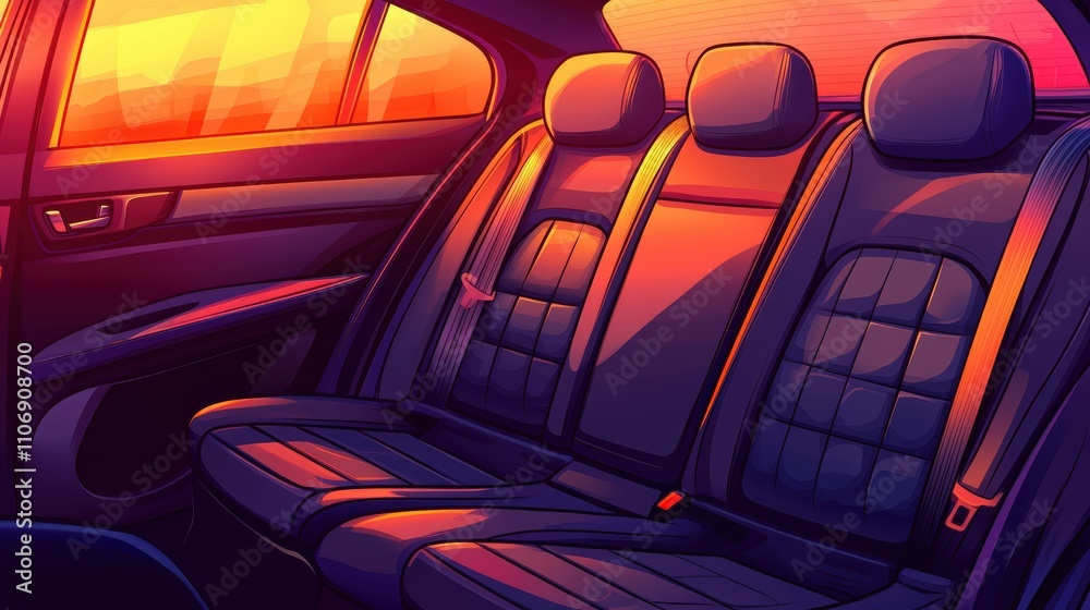 Obraz premium A cozy car interior illuminated by a vibrant sunset, showcasing plush leather seats and an inviting atmosphere.